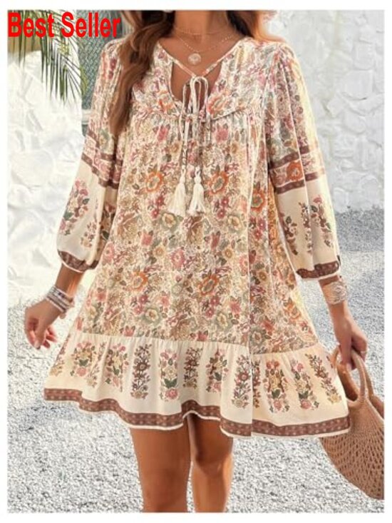 Puff Sleeve Boho Dress with Tie Neck and Floral Print - Picture 6 of 6